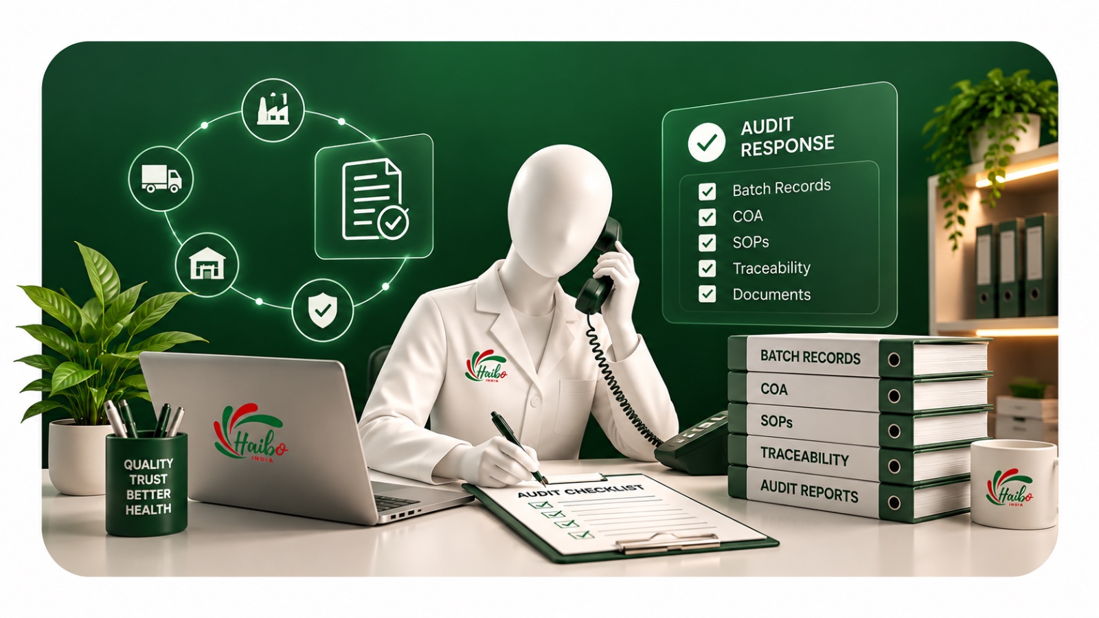 Haibo quality officer answering an audit with batch records, COA, SOPs and traceability files