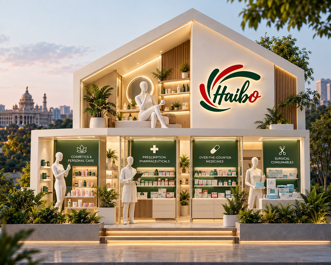 Haibo store showing cosmetics, prescription pharmaceuticals, OTC medicines and surgical consumables